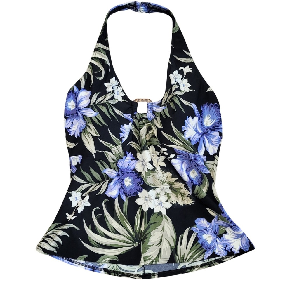 Lands End Womens 16 Halter Tankini Top Blue Floral Tropical Orchid Black Swim